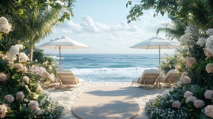 Fototapeta premium Tropical beach hideaway with lounge chairs and parasols amid lush foliage