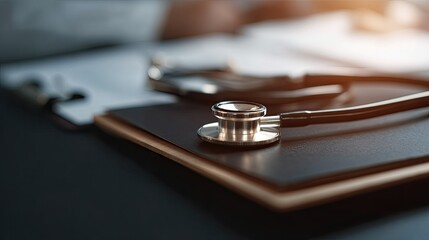A stethoscope rests on a clipboard, symbolizing healthcare and medical professionalism.