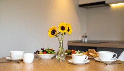 Fototapeta premium シンプルな木製テーブルに並ぶ白い食器と朝食、中央のひまわりの花瓶が温かく清潔感ある空間を引き立てる