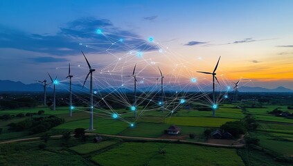 Wind turbines network, sunset landscape
