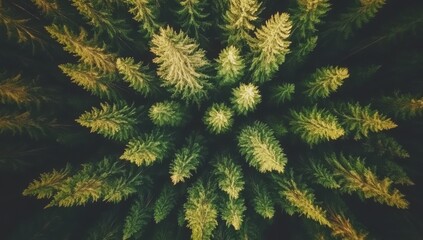 Verdant forest canopy, viewed from above, showing a dense array of pine trees.  The tops of the trees radiate outward creating a symmetrical pattern.  