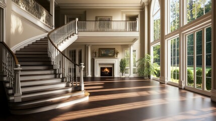 Obraz premium Grand Mansion Interior: Sunlit Staircase and Expansive Windows