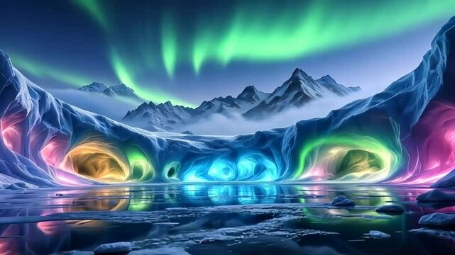 "Surreal Ice Landscape with Aurora Glow - Blue, Green, Pink Fantasy"