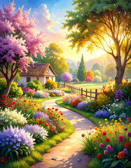 Whimsical Garden Cottage in Springtime – Fantasy Landscape Art