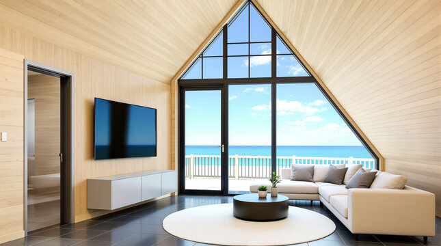 A modern living room features a triangular window overlooking the ocean.