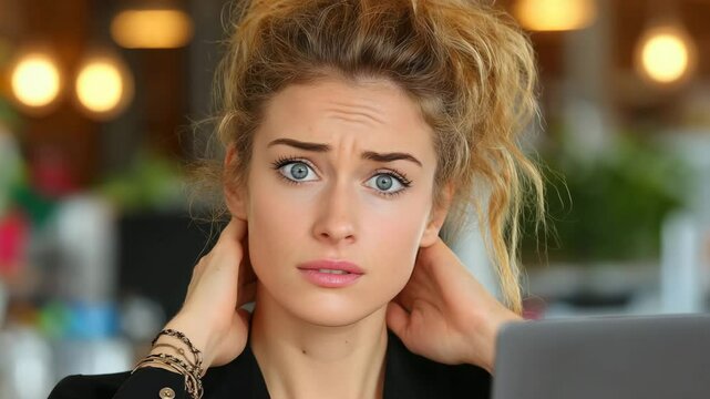 Young Woman with Uncertain Expression in Modern Workspace