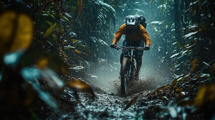Fototapeta premium Rainy jungle mountain biking
