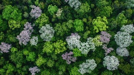 High-angle view of a diverse forest canopy.
