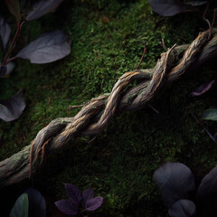 Twisted vine coil composition on rich peat moss backdrop crafting haunting botanical art pieces for exclusive gallery installations