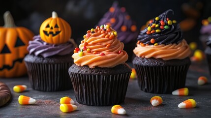 Festive Halloween Cupcakes with Colorful Frosting and Decorations Arrangement