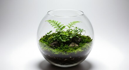 terrarium in a glass container with various plants on a white background