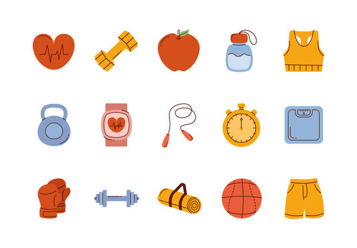 Colorful Wellness Fitness Equipment Icons Set