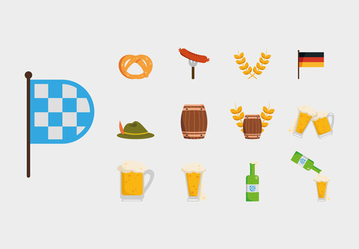 Colorful Beer Hat Pretzel Sausage Flag Icons Set