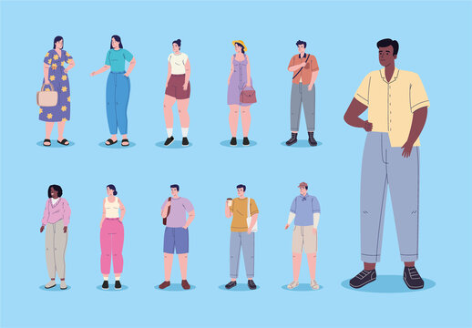 Colorful Casual Clothes Urban Fashion Characters Illustration Set