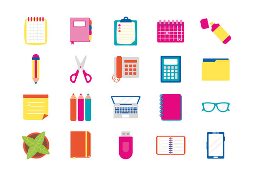 Colorful Stationery Work Study Document Digital Illustration Set