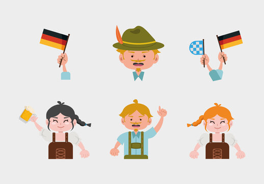 Colorful German Costume People Holding Beer Flags Set