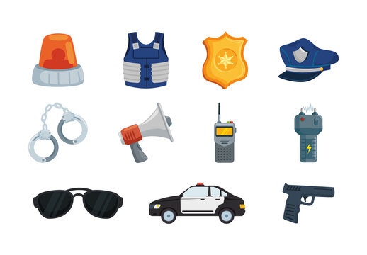 Colorful Police Tools Icons Equipment Security Icons Set