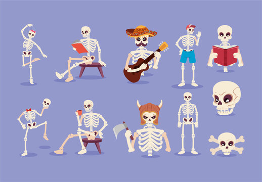 Colorful Funny Skeleton Characters Dancing Book Halloween Set