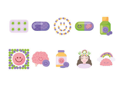 Green And Purple Happy Brain Medicine Icons Set
