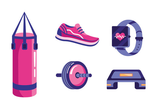Purple And Pink Modern Sport Fitness Icons Set