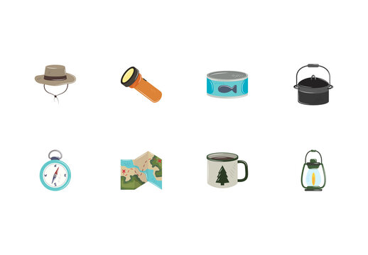 Green And Grey Outdoor Travel Equipment Adventure Icons Set
