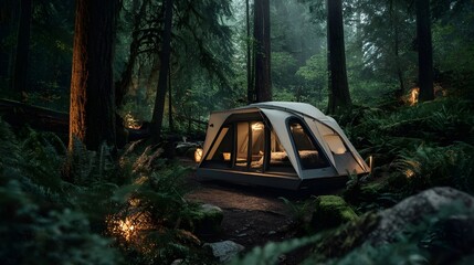 Modern camping tent with sleek design in alpine meadow setting featuring durable weatherproof ergonomic assembly