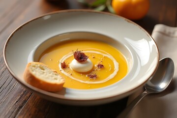 Delicious Pumpkin Soup Served with Crusty Bread on Light Wooden Table