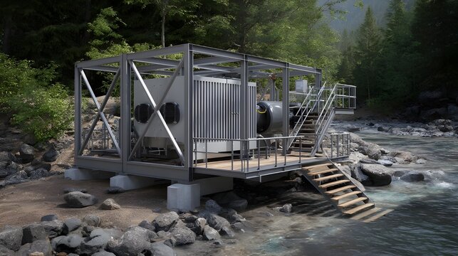 Remote camp hydropower battery skid positioned in rugged terrain providing dependable off-grid renewable energy solutions