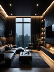 dark modern stylish male apartment interior with lighting, decorative walls, fireplace, dressing area and huge window