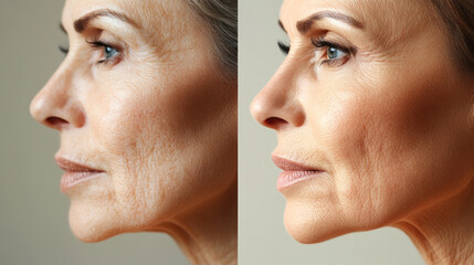 Obraz premium The woman in the left photo has wrinkles and sagging skin, while the woman in the right photo has a more youthful appearance