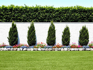 Five evergreen trees a brick wall alongside a flower bed.