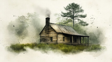 A small, old log cabin with a chimney and a porch. The cabin is surrounded by a lush green field