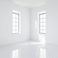Fototapeta premium Two windows illuminate a bright white corner room with wooden flooring.