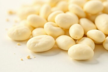 Close-up of creamy white beans against a stark white backdrop, vegetarian, white