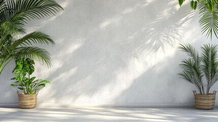 A white wall with two potted plants on either side. The wall is bare and the plants are the only decoration