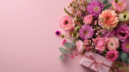 Beautiful Pink Flower Bouquet Gift Box Floral Arrangement Spring Romance Pastel Colors Delicate Blossom Mothers Day Wedding       