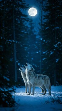 Wolf howling at the moon in a snowy winter forest