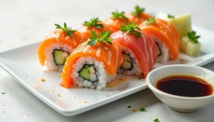 Colorful sushi platter on white surface, soy sauce, delicious, wasabi