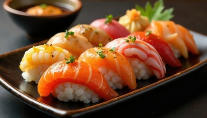 Colorful sushi platter, wasabi, ginger, soy sauce, crab, colorful