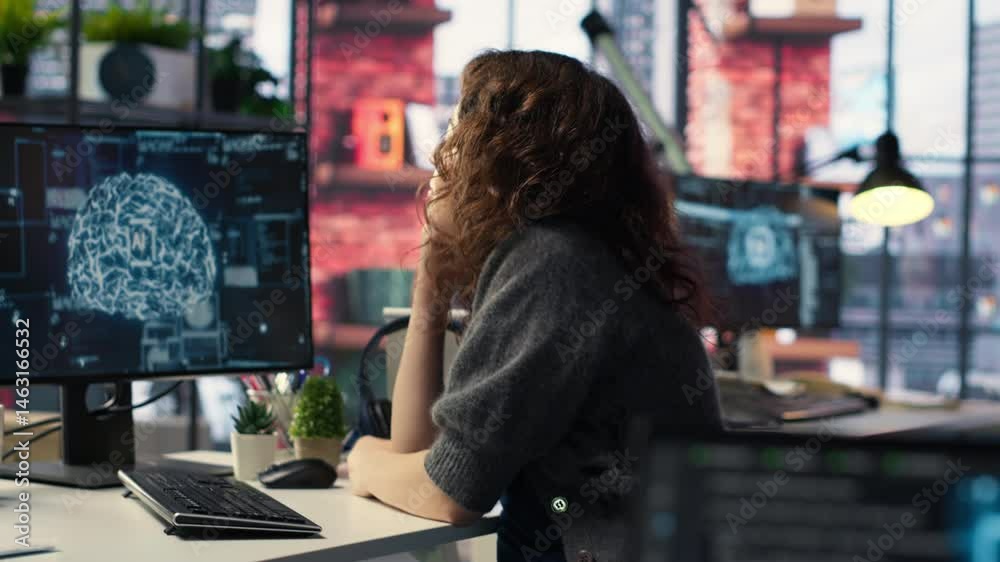 Poster female system admin doing maintenance on ai brain pc systems, sitting at office desk. girl works as 