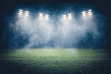 Empty stadium at night, lit by spotlights, with smoky atmosphere. Green field, dark background