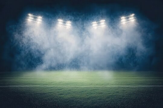 Empty stadium at night, lit by spotlights, with smoky atmosphere.  Green field, dark background