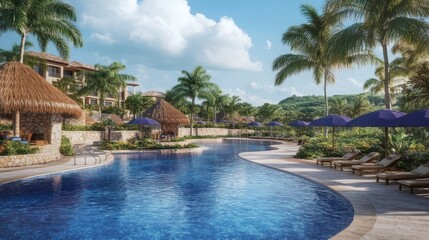 Obraz premium Tropical resort pool, hillside villas, sunny day, relaxation