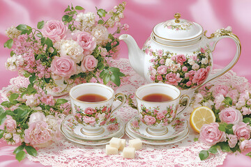 Fototapeta premium Elegant tea party scene with floral teapot, teacups, roses, and sugar cubes on a lace tablecloth.