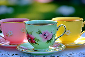 Fototapeta premium Three pastel-colored teacups with floral designs, filled with tea, sit on saucers outdoors on a lace tablecloth.