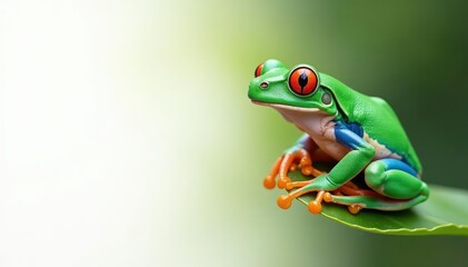 Obraz premium Green tree frog perched on white, vibrant colors, leaf, tree frog