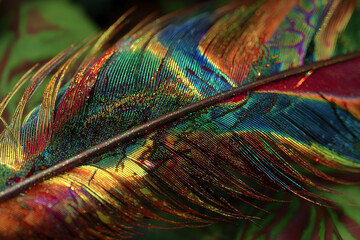 Close-up view of a vibrantly colored bird feather.