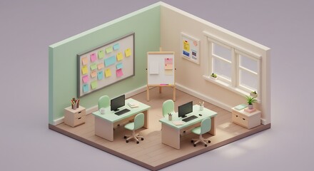Isometric Office Space with Desks, Chairs, and Natural Light