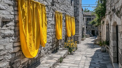 Sunny alleyway,  yellow banners draped on aged stone walls