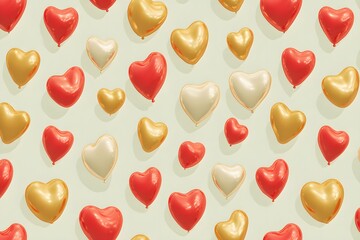 Obraz premium Heart Balloons Pattern: A delightful pattern of red and gold heart-shaped balloons on a soft background, perfect for Valentine's Day or any romantic occasion.